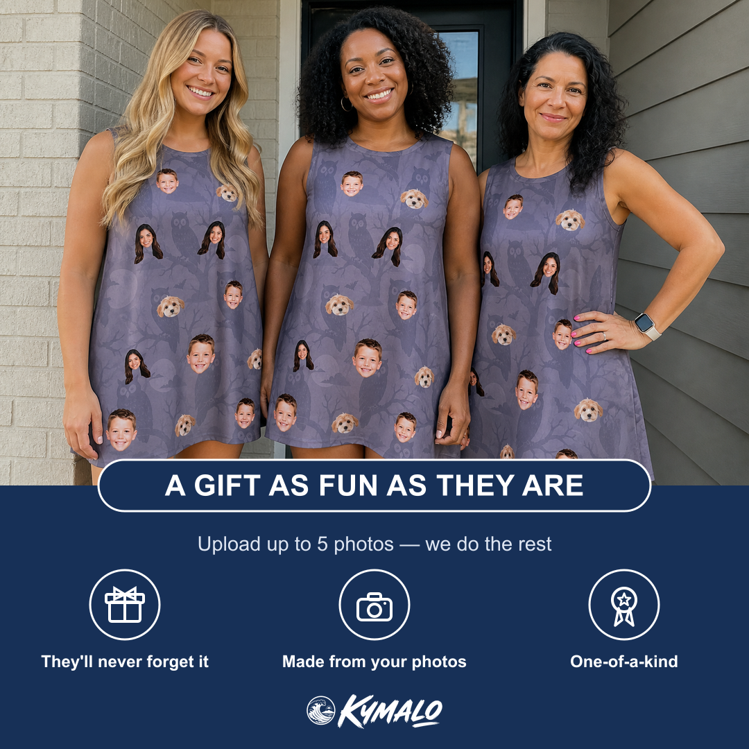 Friends in matching Women's Eerie Eyries Custom Face Tank Dress — a group gift photo