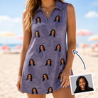 Woman wearing Women's Eerie Eyries Custom Face V-Neck Dress — custom faces printed all-over