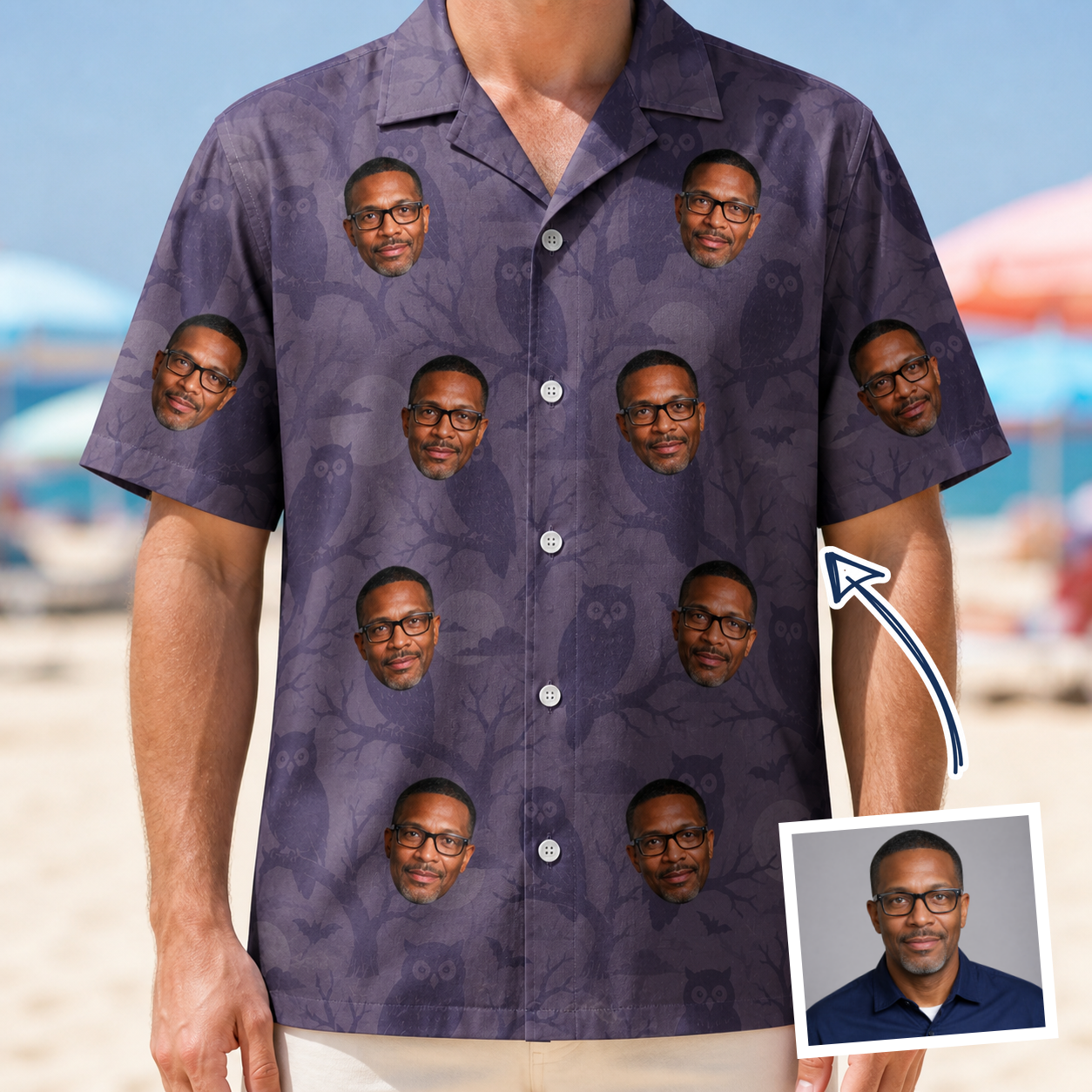 Man wearing Men's Eerie Eyries Custom Face Hawaiian Shirt — custom faces printed all-over