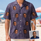 Man wearing Men's Eerie Eyries Custom Face Hawaiian Shirt — custom faces printed all-over