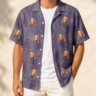 Man wearing Men's Eerie Eyries Custom Face Hawaiian Shirt open over a white tee
