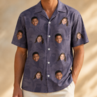 Model wearing Men's Eerie Eyries Custom Face Hawaiian Shirt printed with kids' faces