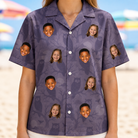 Model wearing Women's Eerie Eyries Custom Face Hawaiian Shirt printed with kids' faces