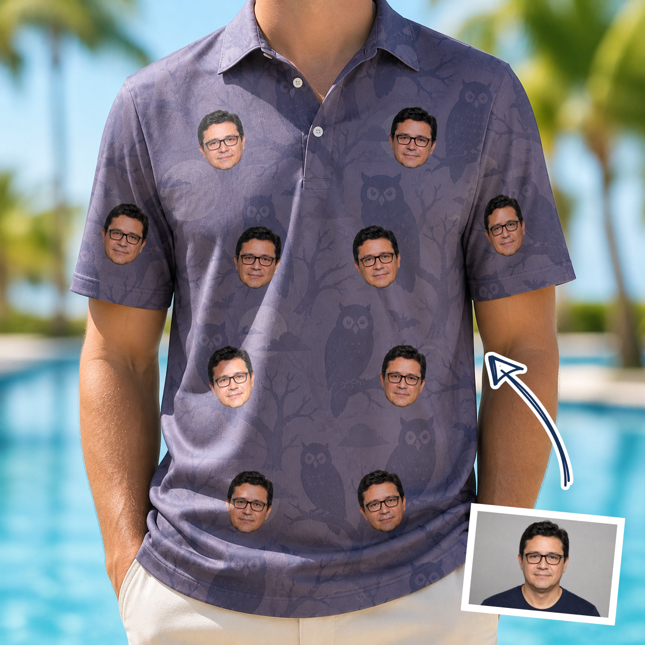 Man wearing Men's Eerie Eyries Custom Face Polo Shirt — custom faces printed all-over
