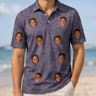 Model wearing Men's Eerie Eyries Custom Face Polo Shirt printed with kids' faces