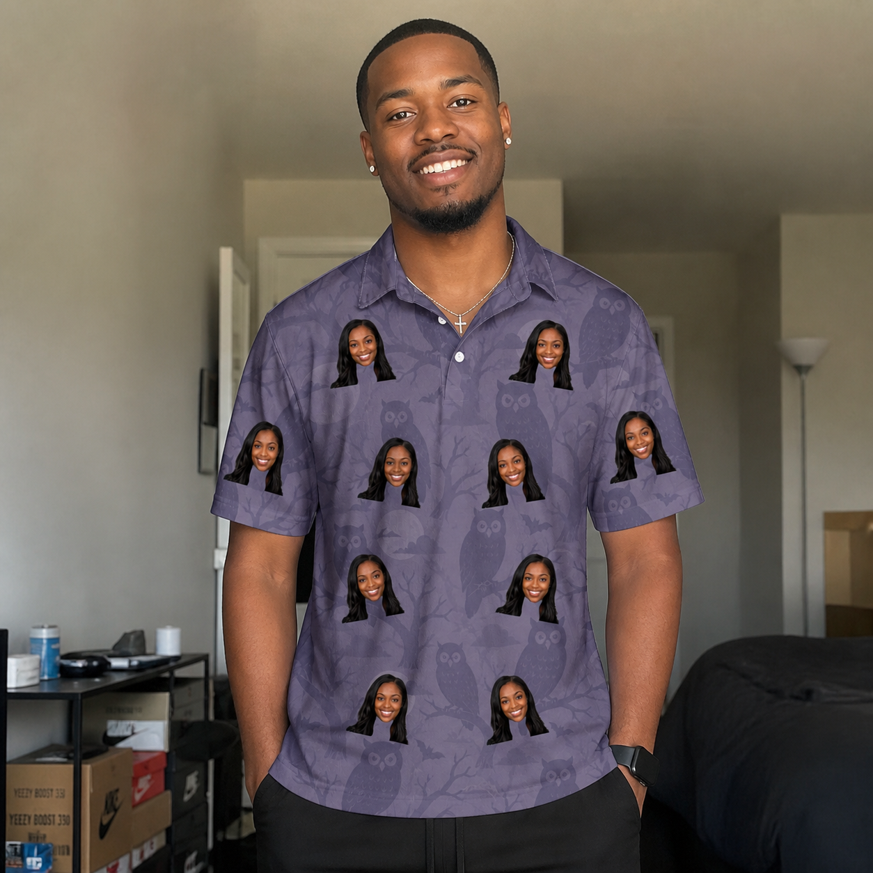 Real-life photo of someone wearing Men's Eerie Eyries Custom Face Polo Shirt — custom faces printed all-over