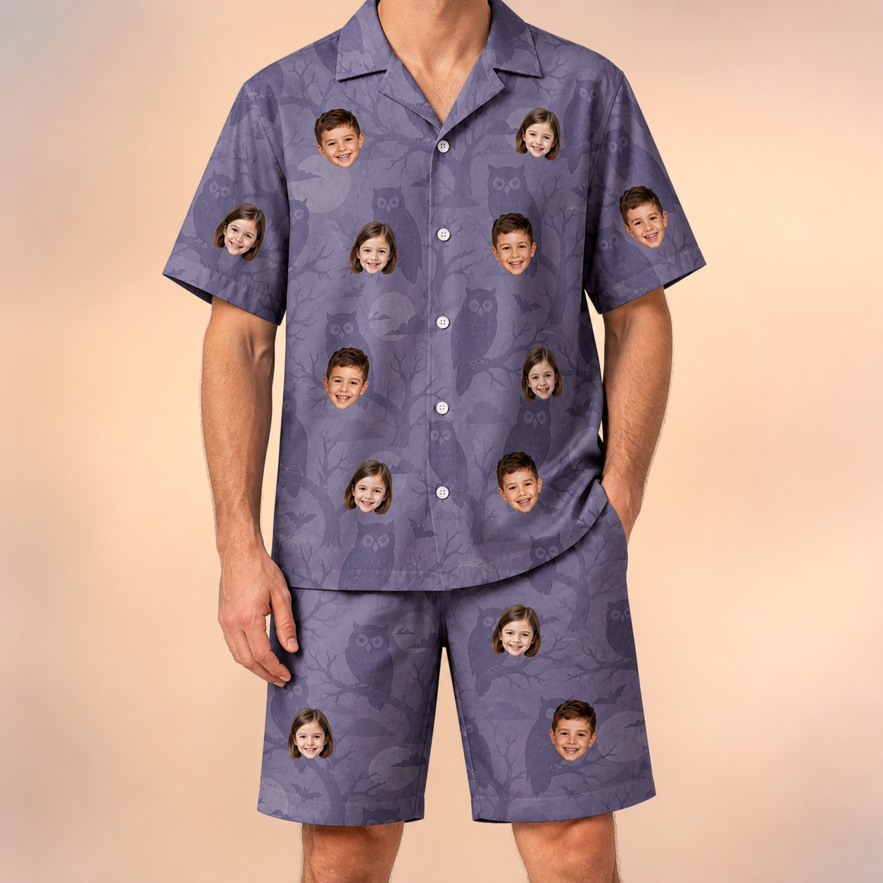 Model wearing Men's Eerie Eyries Custom Face Shirt & Shorts Set printed with kids' faces