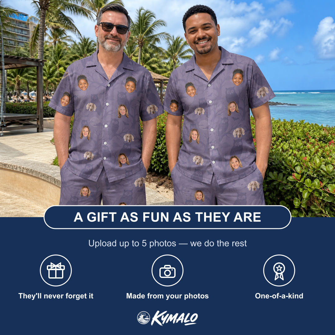 Friends in matching Men's Eerie Eyries Custom Face Shirt & Shorts Set — a group gift photo