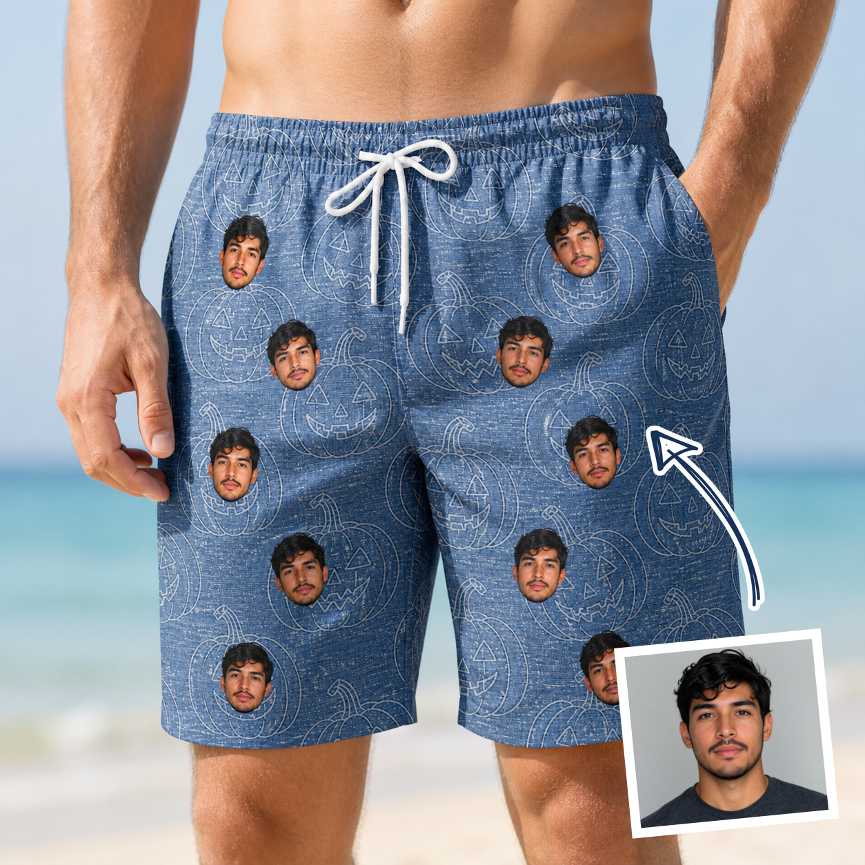 Man wearing Men's Porchlight Punks Custom Face Beach Shorts — custom faces printed all-over