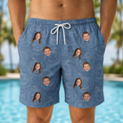 Model wearing Men's Porchlight Punks Custom Face Beach Shorts printed with kids' faces