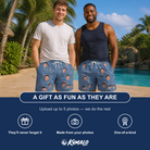 Friends in matching Men's Porchlight Punks Custom Face Beach Shorts — a group gift photo