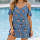 Model wearing Women's Porchlight Punks Custom Face Off-Shoulder Dress printed with kids' faces