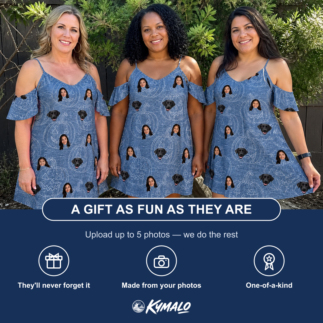 Friends in matching Women's Porchlight Punks Custom Face Off-Shoulder Dress — a group gift photo