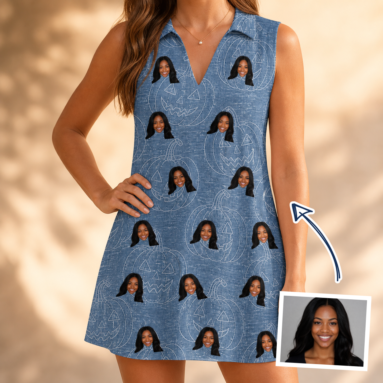 Woman wearing Women's Porchlight Punks Custom Face V-Neck Dress — custom faces printed all-over