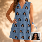 Woman wearing Women's Porchlight Punks Custom Face V-Neck Dress — custom faces printed all-over