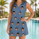 Model wearing Women's Porchlight Punks Custom Face V-Neck Dress printed with kids' faces