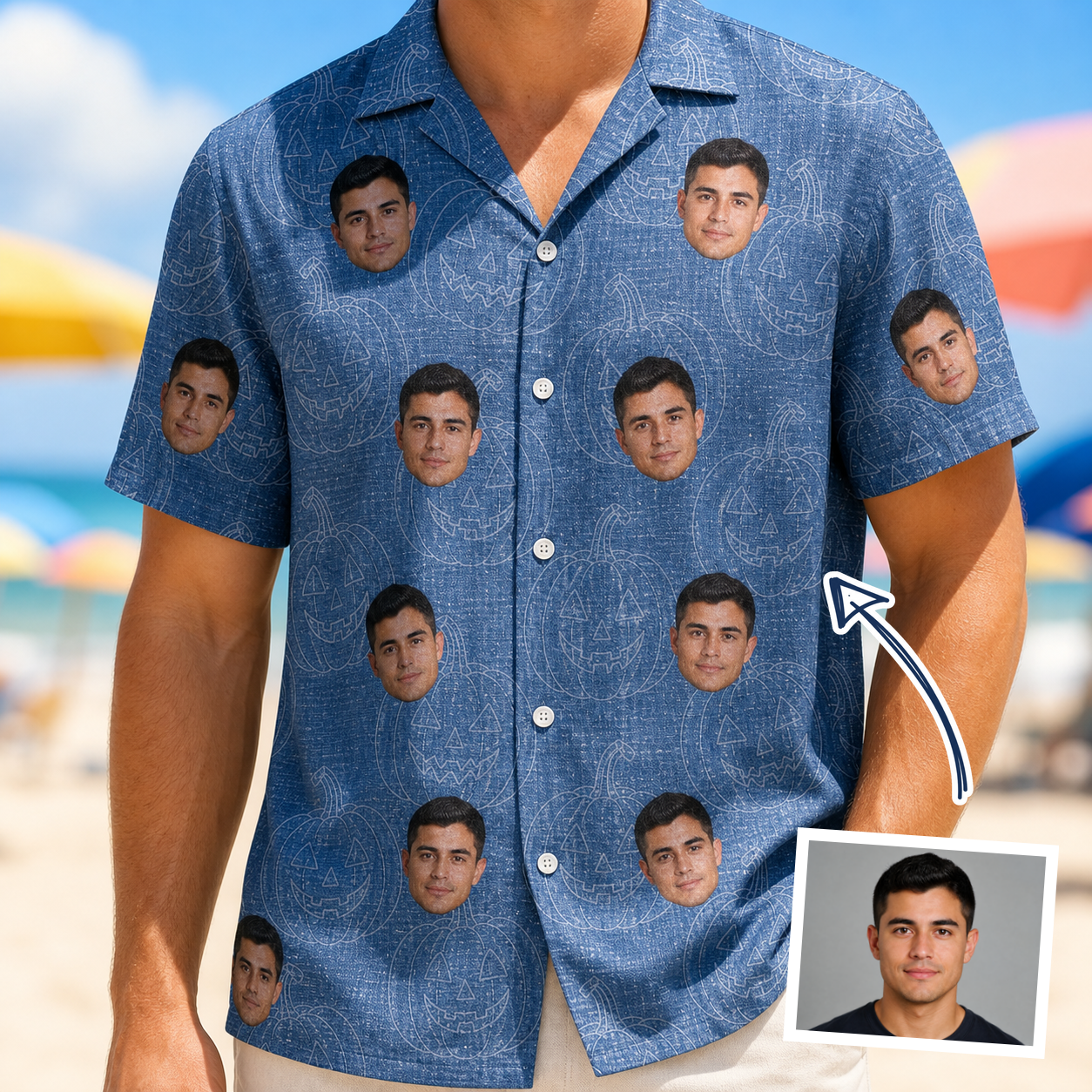 Man wearing Men's Porchlight Punks Custom Face Hawaiian Shirt — custom faces printed all-over