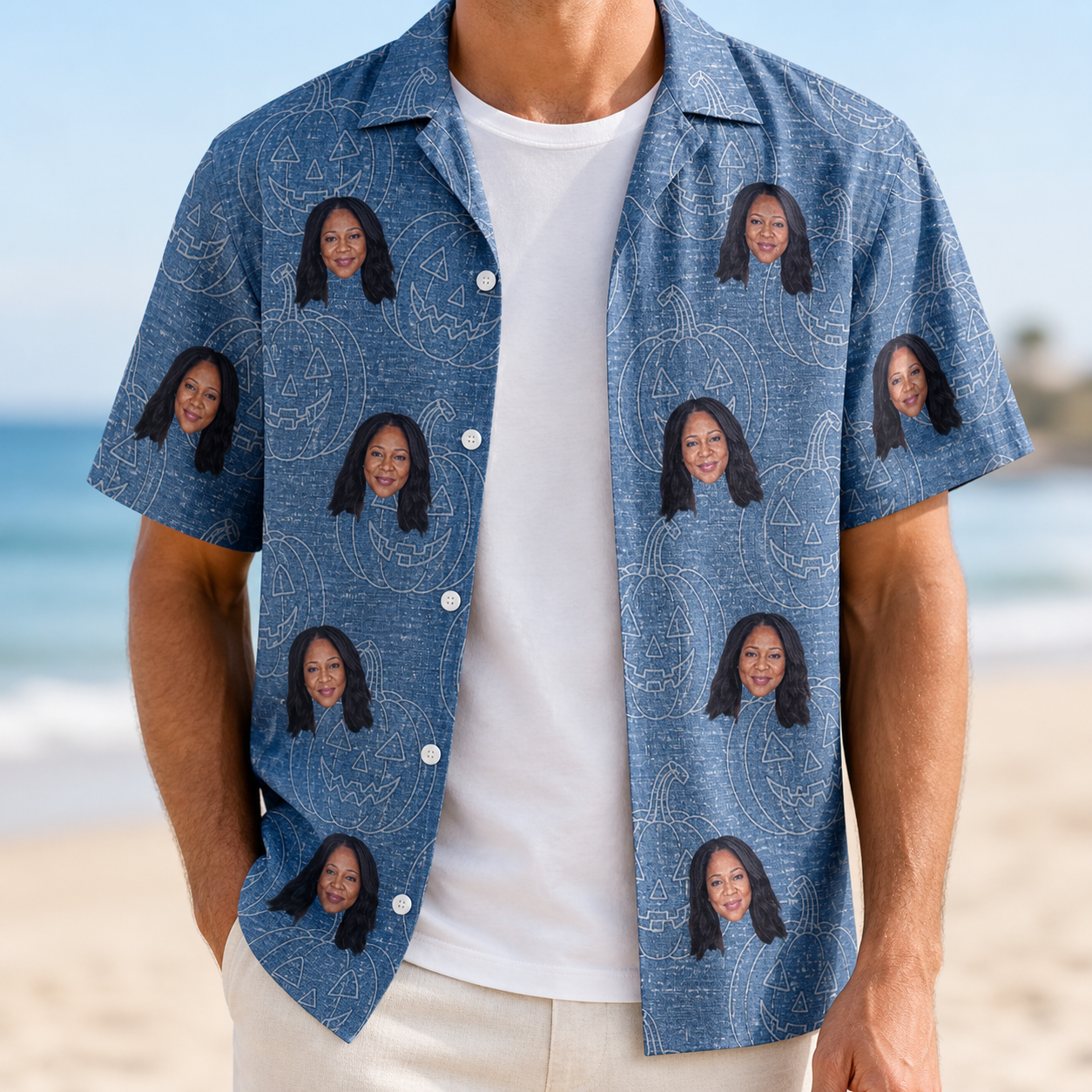 Man wearing Men's Porchlight Punks Custom Face Hawaiian Shirt open over a white tee
