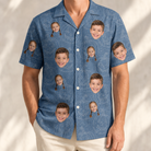 Model wearing Men's Porchlight Punks Custom Face Hawaiian Shirt printed with kids' faces