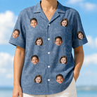 Model wearing Women's Porchlight Punks Custom Face Hawaiian Shirt printed with kids' faces