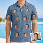 Man wearing Men's Porchlight Punks Custom Face Polo Shirt — custom faces printed all-over