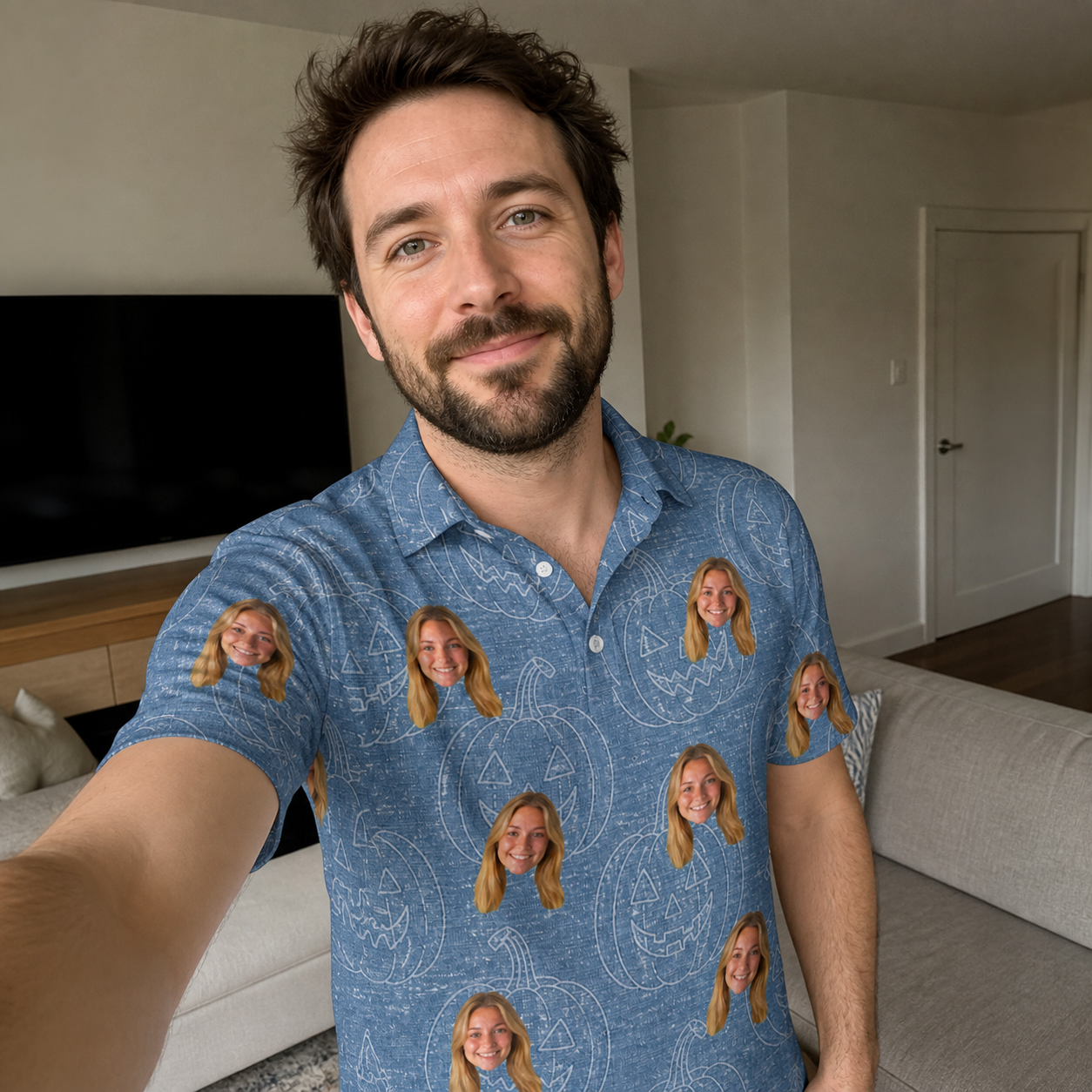 Real-life photo of someone wearing Men's Porchlight Punks Custom Face Polo Shirt — custom faces printed all-over