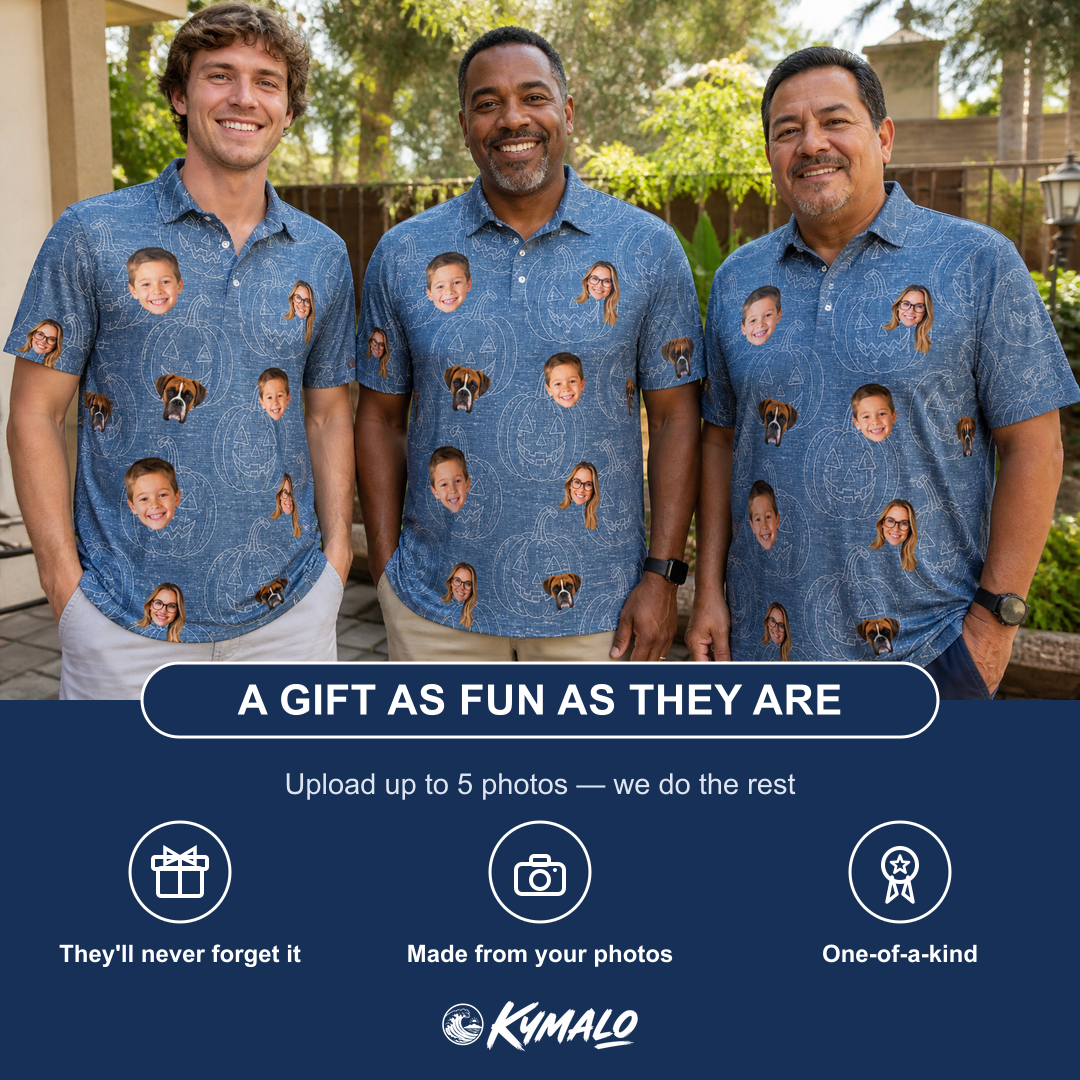 Friends in matching Men's Porchlight Punks Custom Face Polo Shirt — a group gift photo