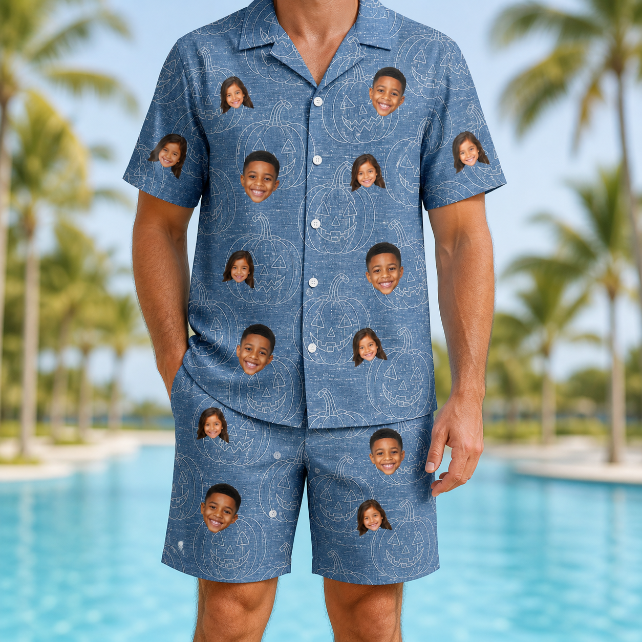 Model wearing Men's Porchlight Punks Custom Face Shirt & Shorts Set printed with kids' faces