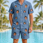 Model wearing Men's Porchlight Punks Custom Face Shirt & Shorts Set printed with kids' faces