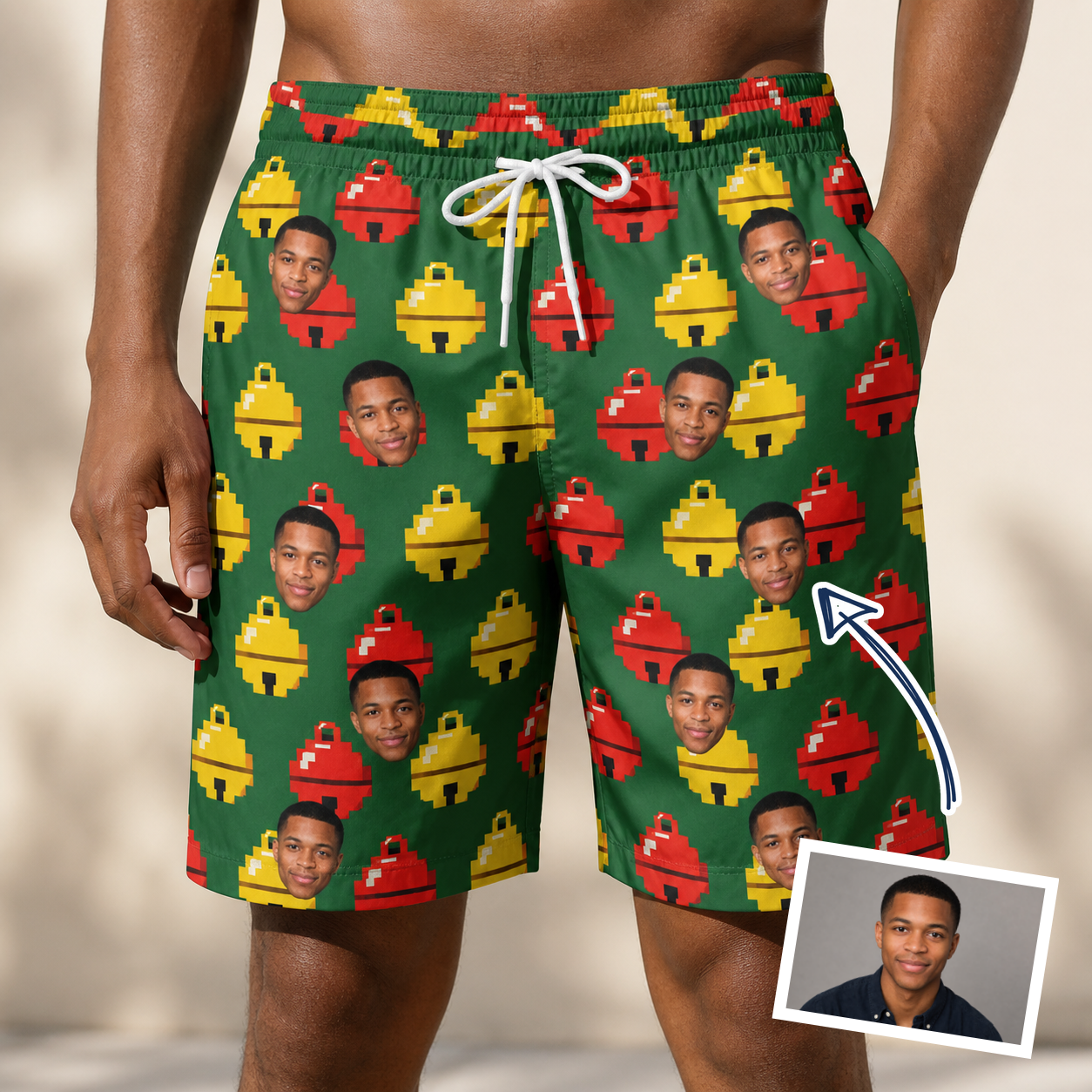 Man wearing Men's Ringing Revelry Custom Face Beach Shorts — custom faces printed all-over