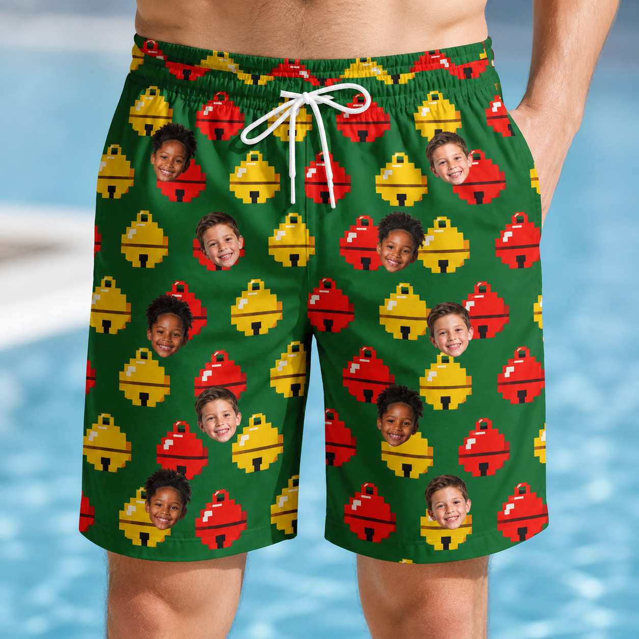Model wearing Men's Ringing Revelry Custom Face Beach Shorts printed with kids' faces