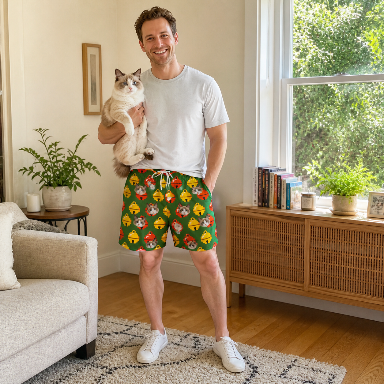 Full-length photo with the pet printed all over this Men's Ringing Revelry Custom Cat Face Beach Shorts