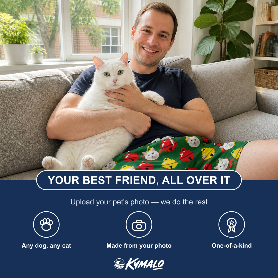 Friends in matching Men's Ringing Revelry Custom Cat Face Beach Shorts — a group gift photo