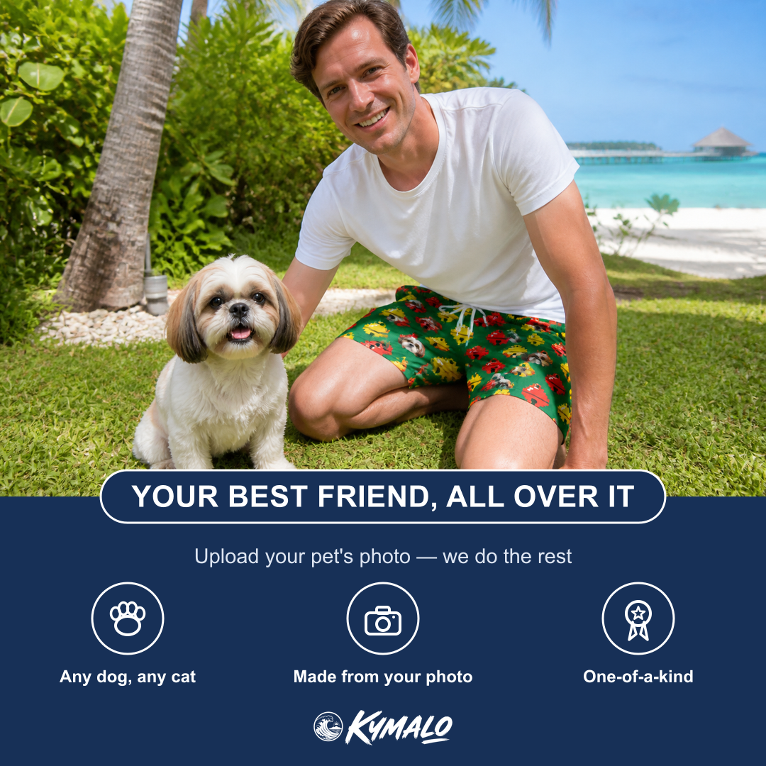 Friends in matching Men's Ringing Revelry Custom Dog Face Beach Shorts — a group gift photo