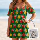 Woman wearing Women's Ringing Revelry Custom Cat Face Off-Shoulder Dress — custom faces printed all-over