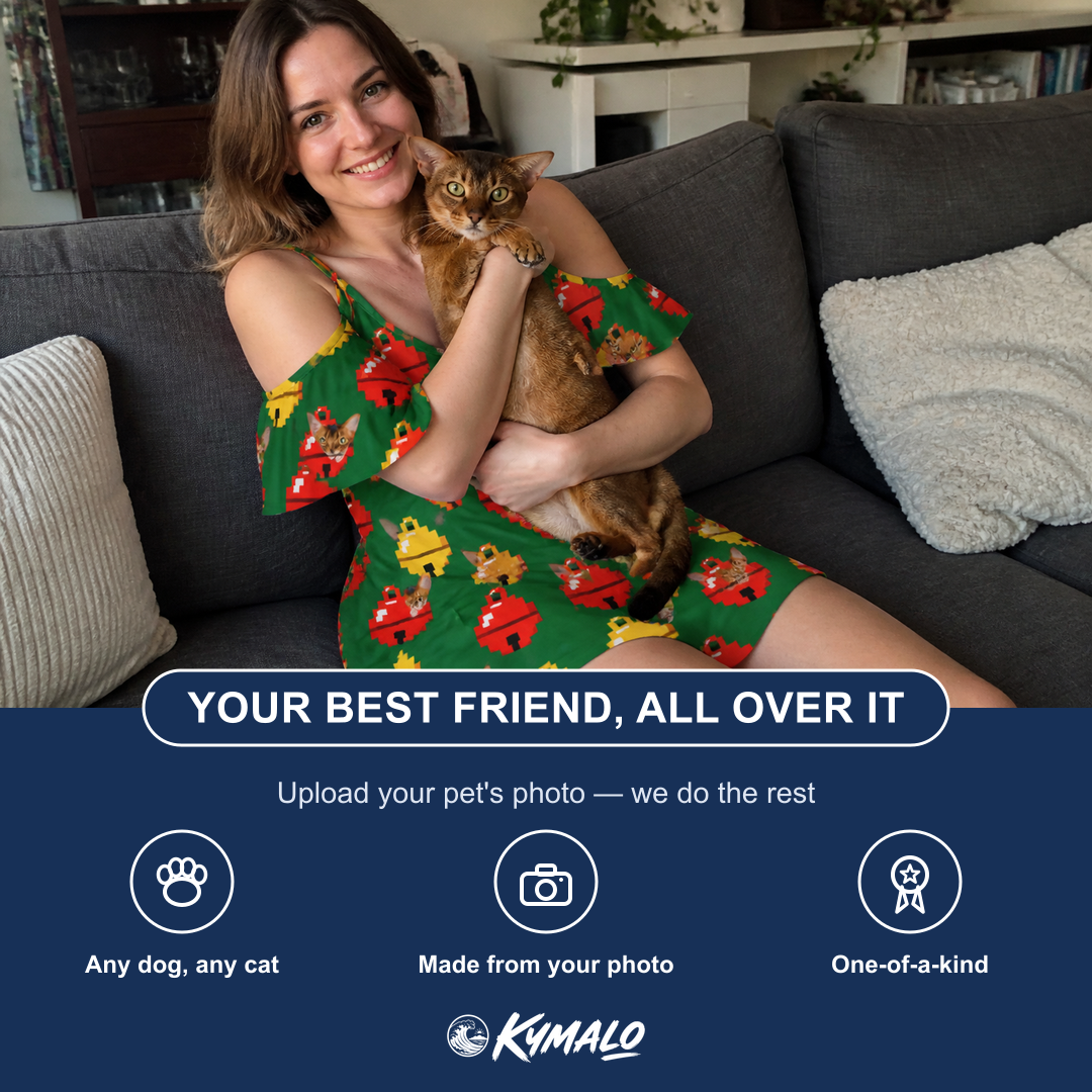 Friends in matching Women's Ringing Revelry Custom Cat Face Off-Shoulder Dress — a group gift photo
