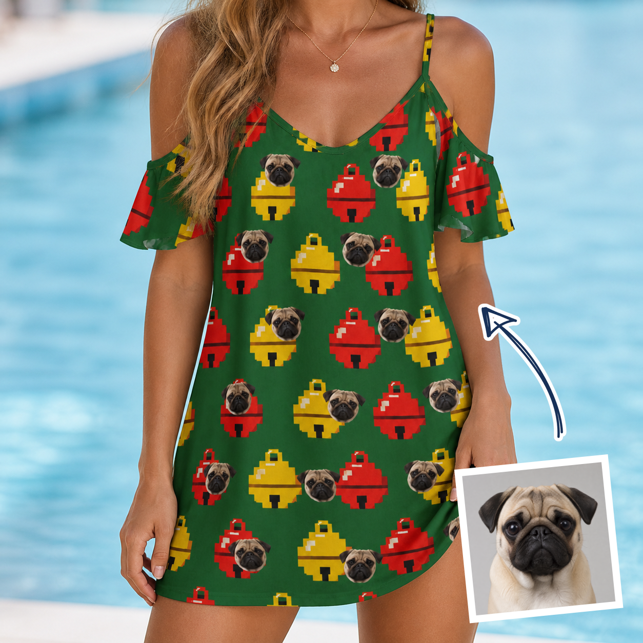 Woman wearing Women's Ringing Revelry Custom Dog Face Off-Shoulder Dress — custom faces printed all-over