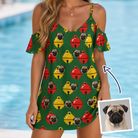Woman wearing Women's Ringing Revelry Custom Dog Face Off-Shoulder Dress — custom faces printed all-over