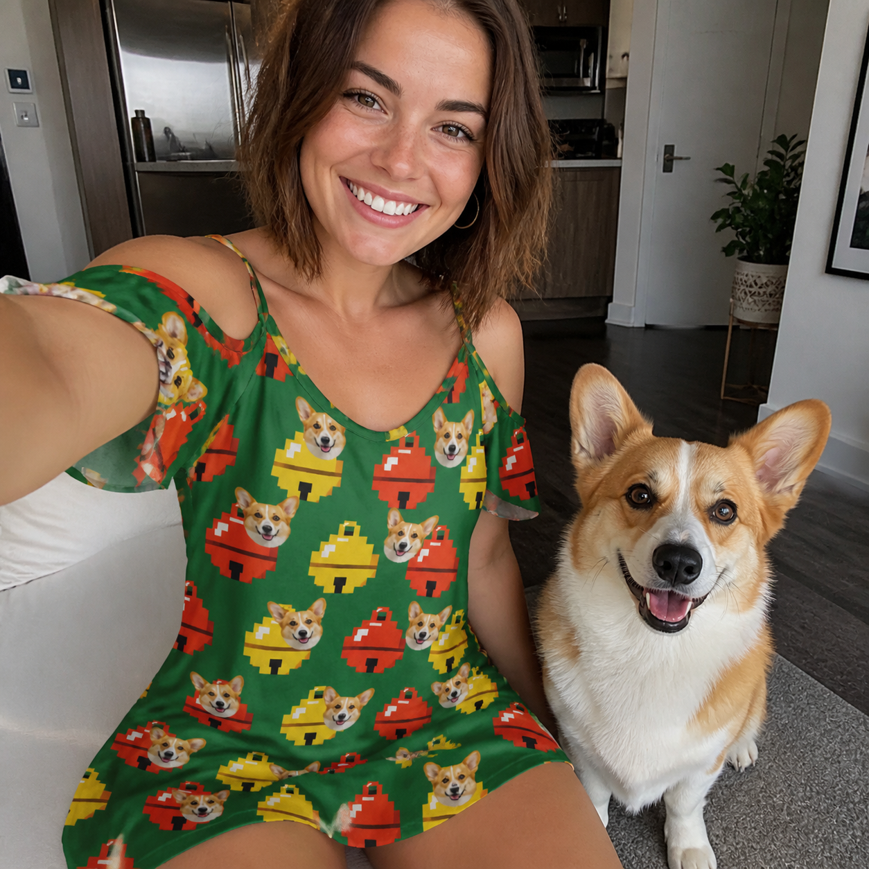 Selfie with the pet whose face is printed all over this Women's Ringing Revelry Custom Dog Face Off-Shoulder Dress
