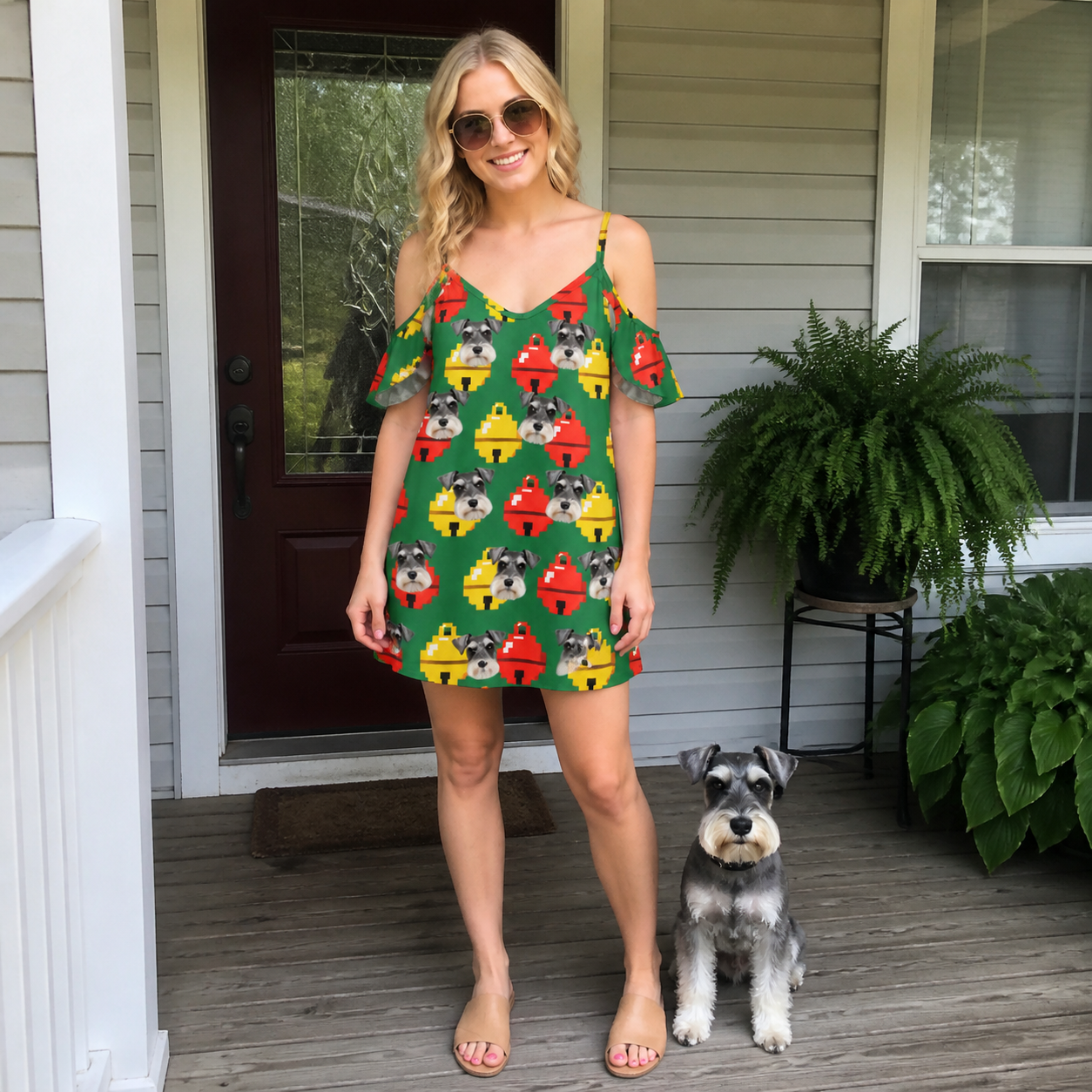 Full-length photo with the pet printed all over this Women's Ringing Revelry Custom Dog Face Off-Shoulder Dress