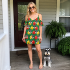 Full-length photo with the pet printed all over this Women's Ringing Revelry Custom Dog Face Off-Shoulder Dress