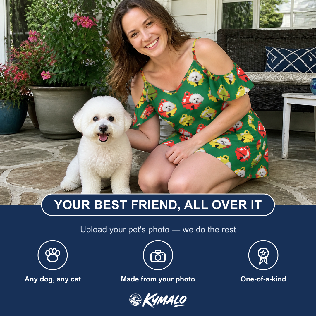 Friends in matching Women's Ringing Revelry Custom Dog Face Off-Shoulder Dress — a group gift photo