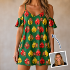 Woman wearing Women's Ringing Revelry Custom Face Off-Shoulder Dress — custom faces printed all-over