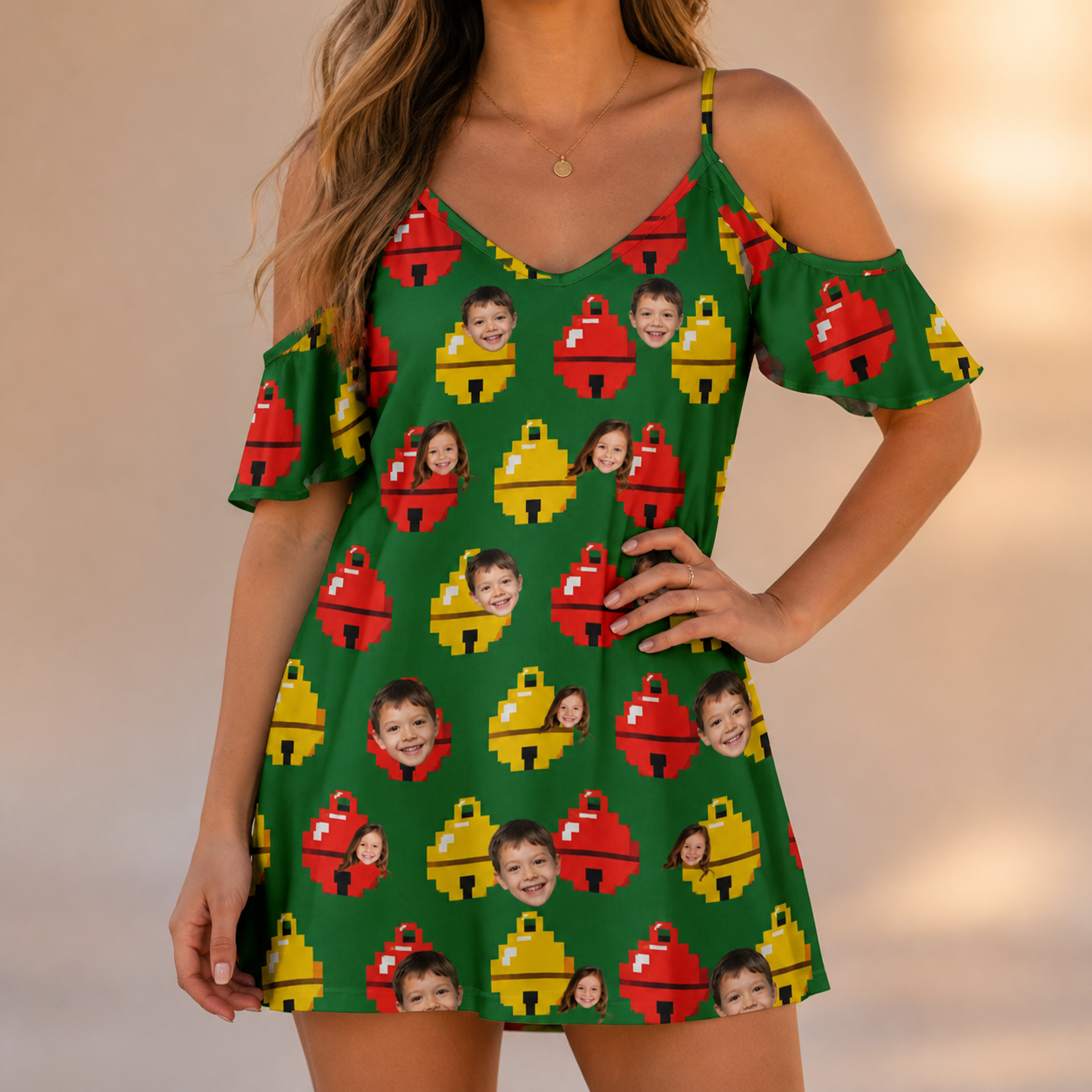 Model wearing Women's Ringing Revelry Custom Face Off-Shoulder Dress printed with kids' faces