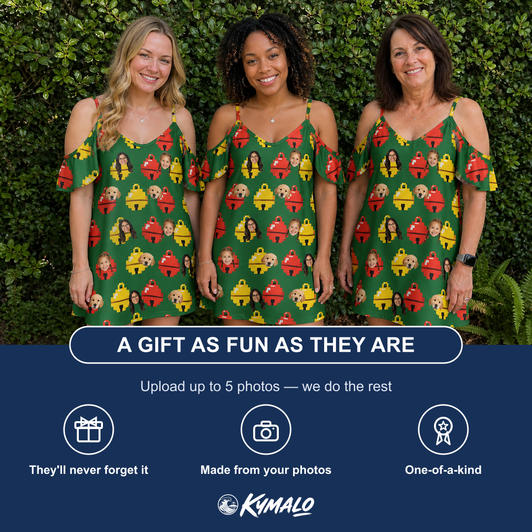 Friends in matching Women's Ringing Revelry Custom Face Off-Shoulder Dress — a group gift photo