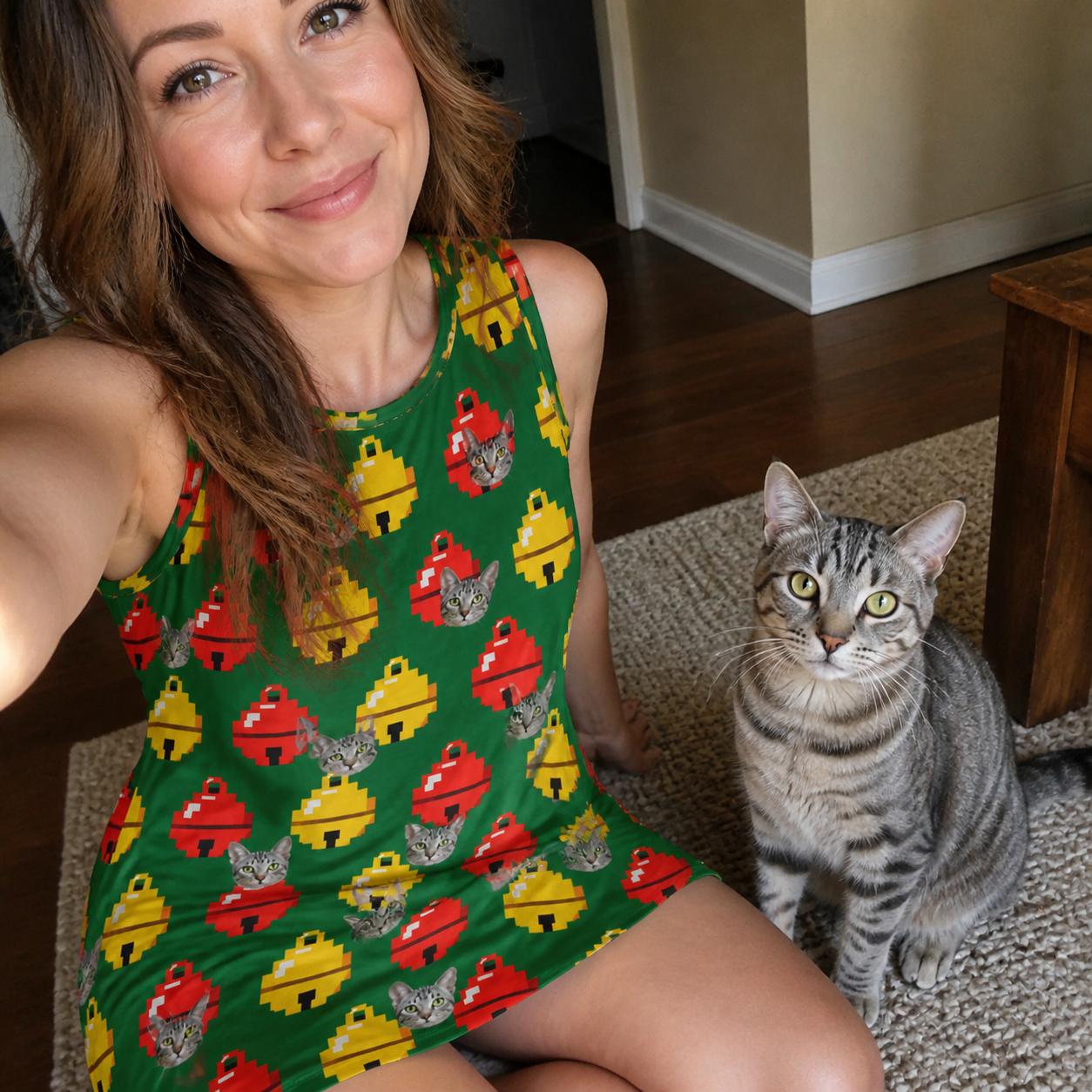 Selfie with the pet whose face is printed all over this Women's Ringing Revelry Custom Cat Face Tank Dress