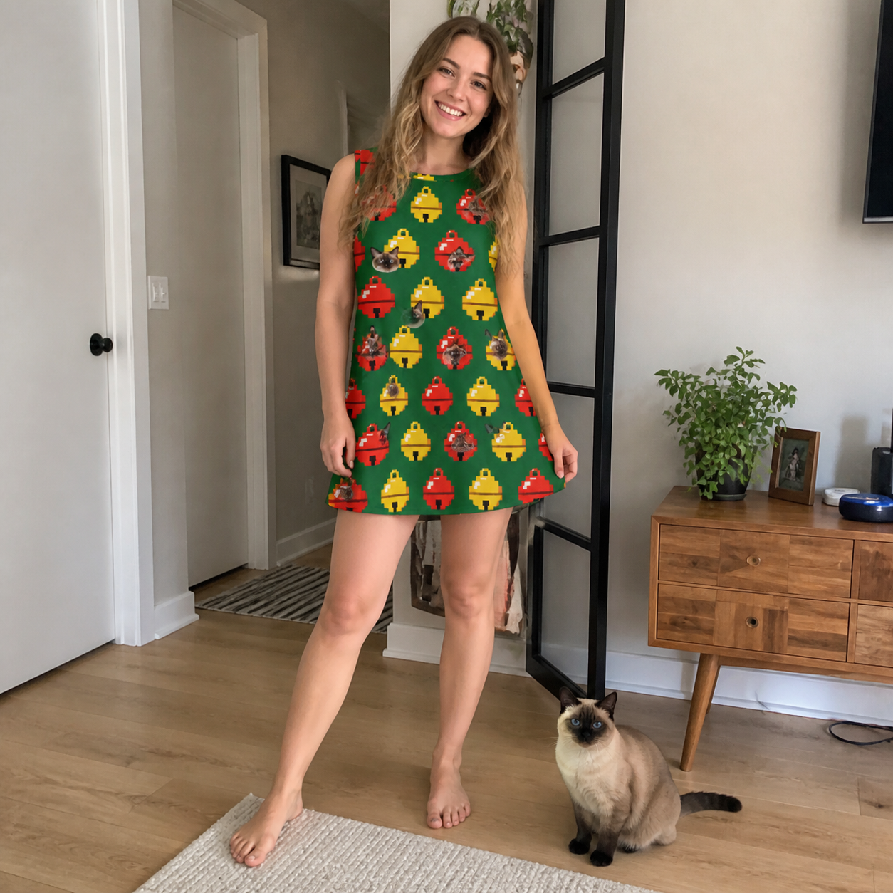 Full-length photo with the pet printed all over this Women's Ringing Revelry Custom Cat Face Tank Dress
