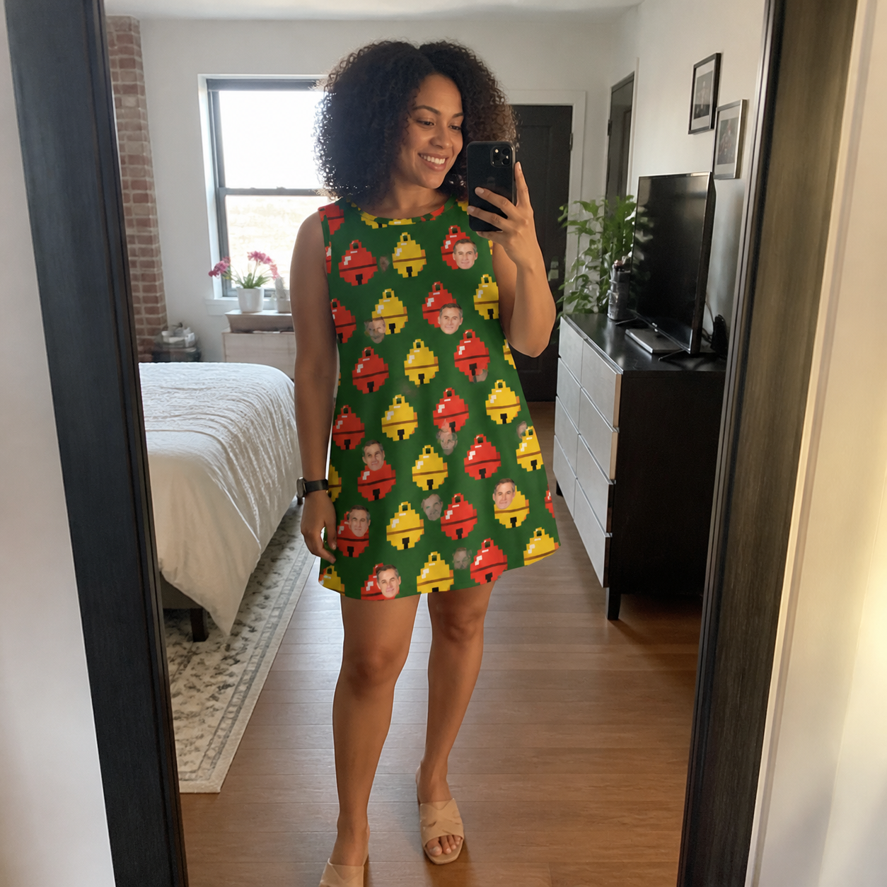 Real-life photo of someone wearing Women's Ringing Revelry Custom Face Tank Dress — custom faces printed all-over