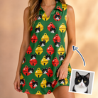 Woman wearing Women's Ringing Revelry Custom Cat Face V-Neck Dress — custom faces printed all-over