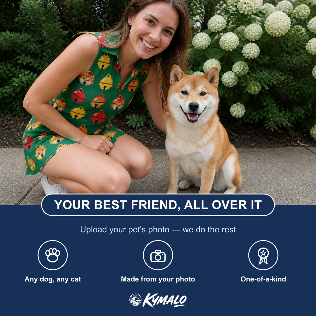 Friends in matching Women's Ringing Revelry Custom Dog Face V-Neck Dress — a group gift photo